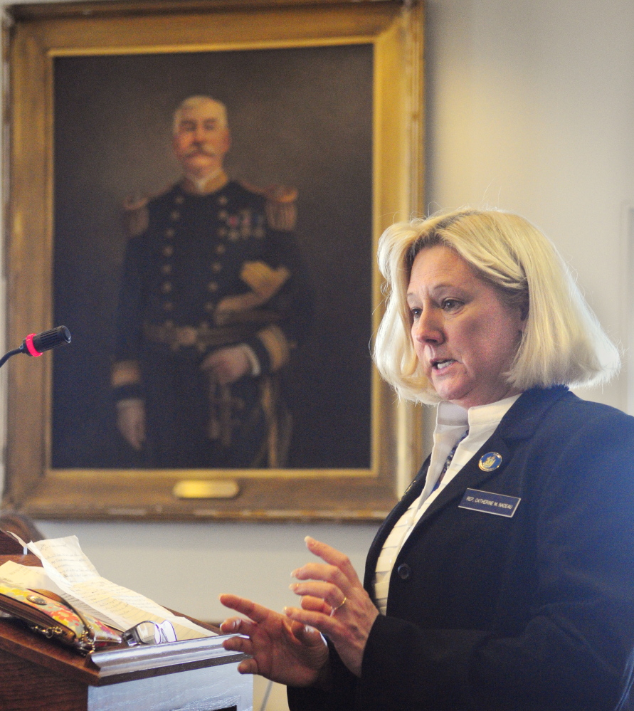 Rep. Catherine Nadeau testifies on L.D. 1219, “An Act To Allow Active Members and Veterans of the Armed Forces Who Are at Least 18 Years of Age and under 21 Years of Age To Consume Alcohol at Eligible Veterans’ Organization Posts and American Legion Halls,” on Wednesday before the Legislature’s Veterans and Legal Affairs Committee in the State House in Augusta.