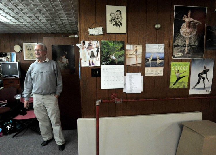 Bradley Adams, owner of Bradley’s School of Dance, watches his students rehearse a dance routine in Skowhegan on Friday.