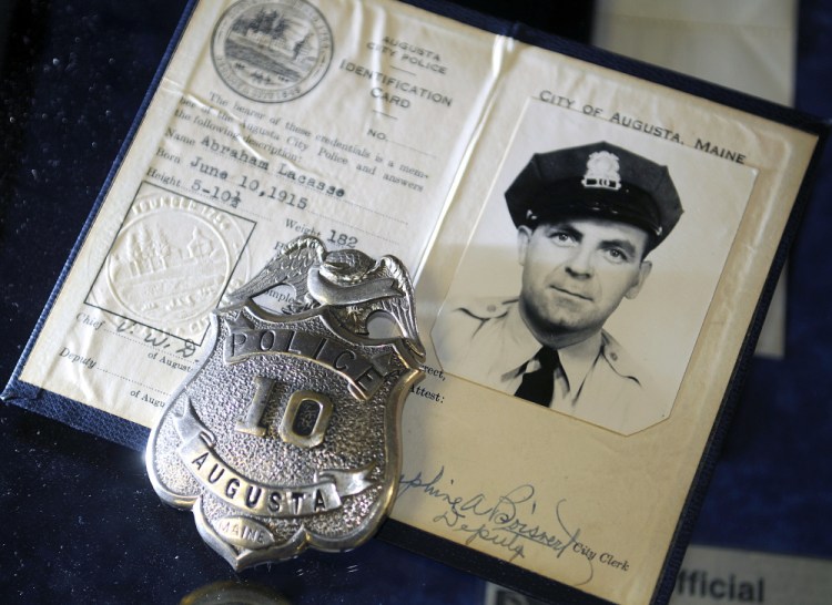 The shield and identity of Augusta police officer Abraham Lacasse was donated to the Augusta Police Department last week by Lacasse’s son, Bill.