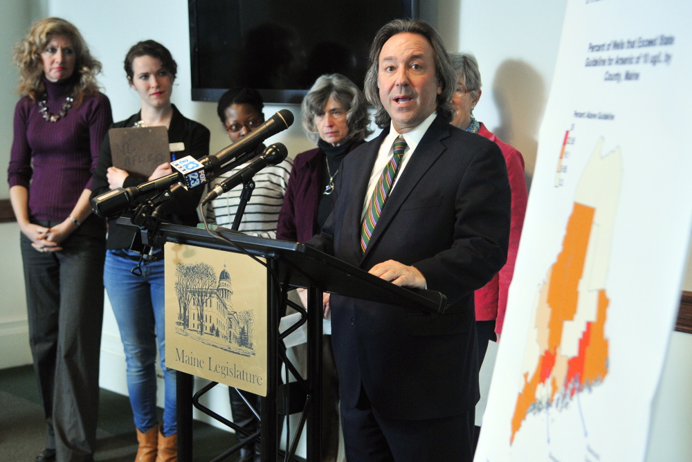 Rep. Drew Gattine, D-Westbrook, speaks during a news conference Tuesday in the State House Welcome Center about the arsenic bill he is sponsoring.