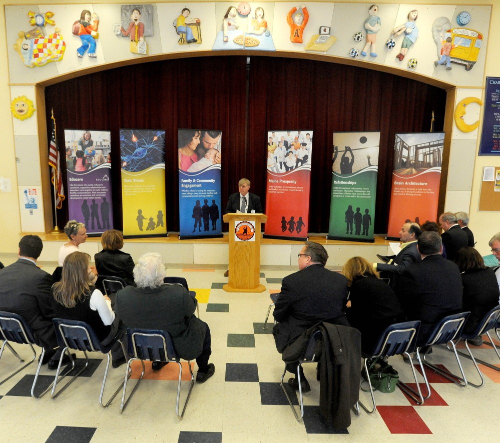 Brent Colbry, superintendent of Skowhegan-based SAD 54, opens a news conference Thursday announcing a new grant-funded Kennebec Valley Community Action Program early childhood program at Skowhegan Area Middle School.