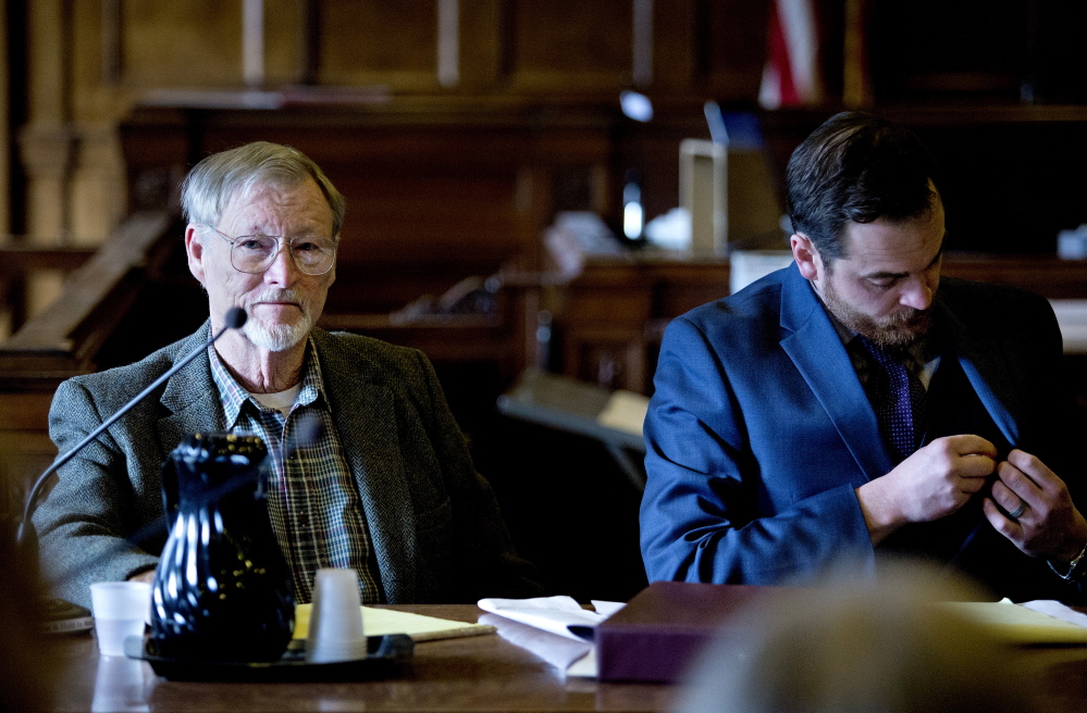 Gabe Souza/Staff Photographer
Merrill “Mike” Kimball, 72, of Yarmouth appears in Cumberland County Court on Friday for jury selection in his murder trial. Kimball allegedly shot and killed 63-year-old Leon Kelley of Georgetown in October 2013. At right is defense attorney Andrew Graham.