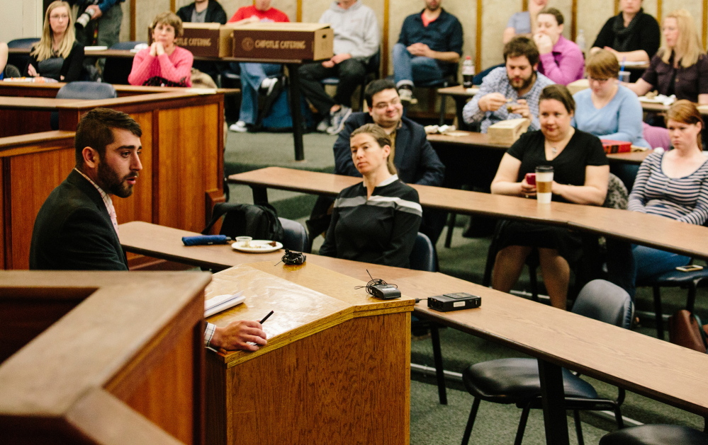 David Boyer of the Campaign to Regulate Marijuana Like Alcohol speaks during a debate on marijuana reform at the University of Maine School of Law in Portland on Monday.
Whitney Hayward/Staff Photographer