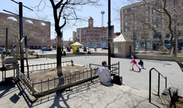 Visitors gather at Congress Square Park in Portland, to which Southwest Airlines has given a grant for improvements.