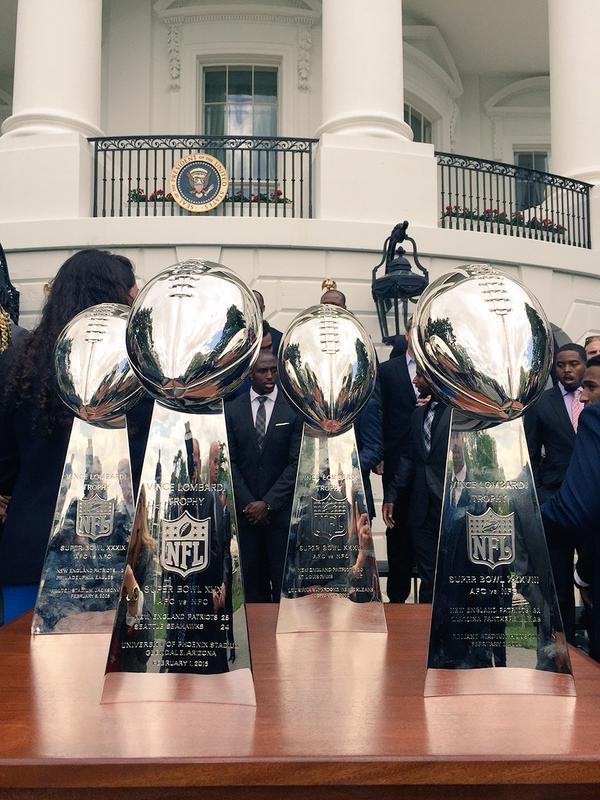 The New England Patriots' Lombardi trophies are displayed outside the White House on Thursday in this photo posted by the Patriots on Twitter.