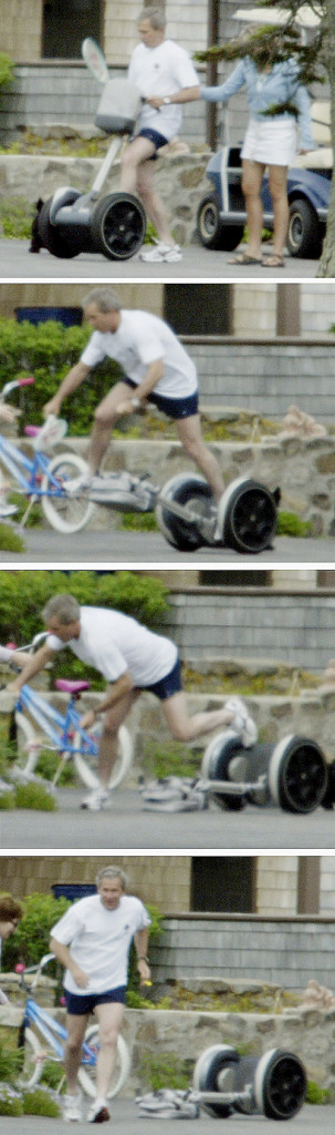 President George W. Bush falls off a
Segway in the driveway of his parents'
summer home in Kennebunkport in this home June 12, 2003, photo. He was not injured in the fall, but the publicity tarnished Segway's much-hyped image. The Associated Press