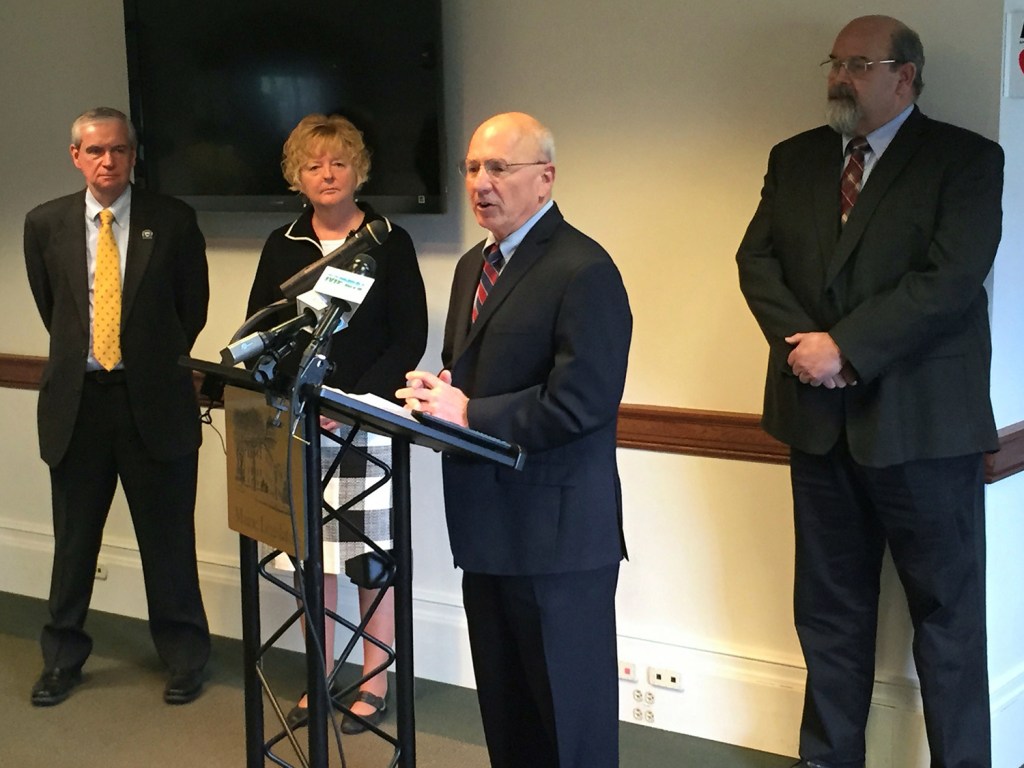 Portland Mayor Michael Brennan speaks about the budget and legislative priorities of the Mayors’ Coalition on Jobs and Economic Development at the State House on Tuesday. Brennan was joined by, from left, Saco Mayor Donald Pilon, Westbrook Mayor Colleen Hilton and Augusta Mayor David Rollins. 
