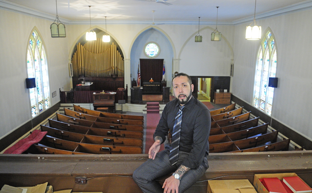 David Boucher talks about his plans to use a former church as a tasting room for Lost Orchard Brewery during a tour on Thursday in Gardiner.