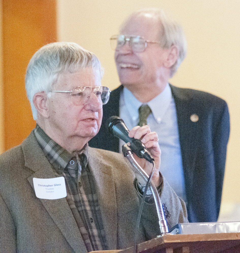 Chris Glass, architect, lecturer and author, left, and Earle Shettleworth, director of the Maine Historic Preservation Commission and Maine’s state historian, present a lecture on the major styles and influences of historic architecture in Maine during a presentation Saturday at the Governor Hill Mansion in Augusta.