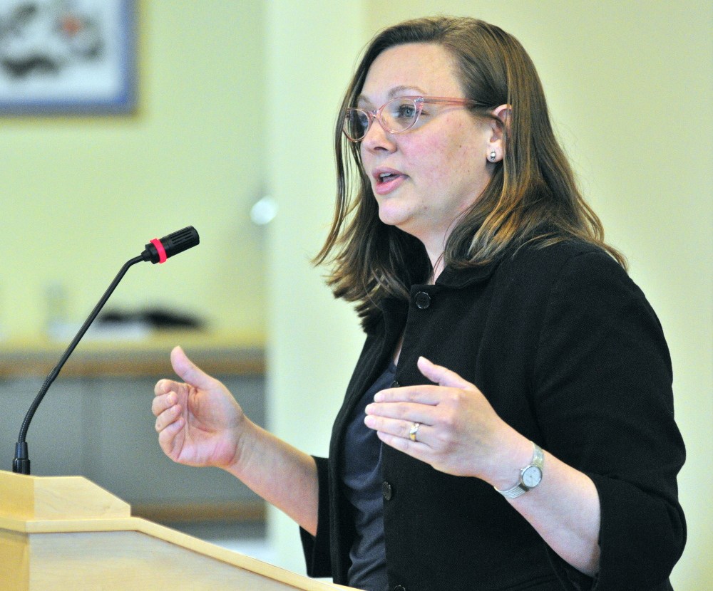 Leah Bruns, of South Portland, testifies Friday before the Legislature’s Health and Human Services Committee in Augusta in support of a bill to fund day care for foster children.