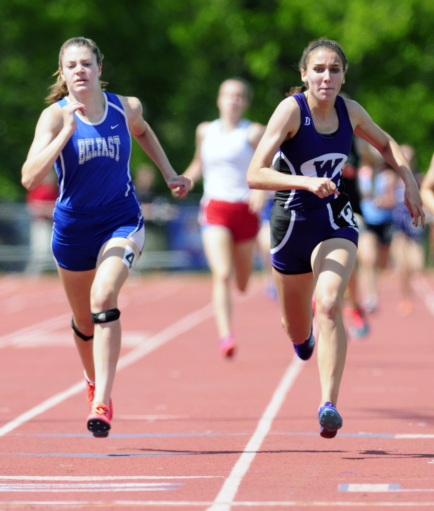 Waterville’s Rebe Beringer runs the 800 meters on during KVAC meet.