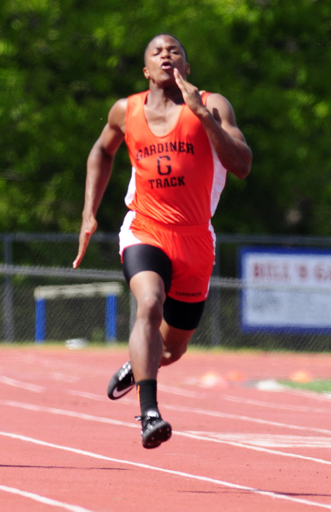 Gardiner’s Traevon Horton runs the 200 meters during the KVAC track meet Saturday at McCann Field in Bath.