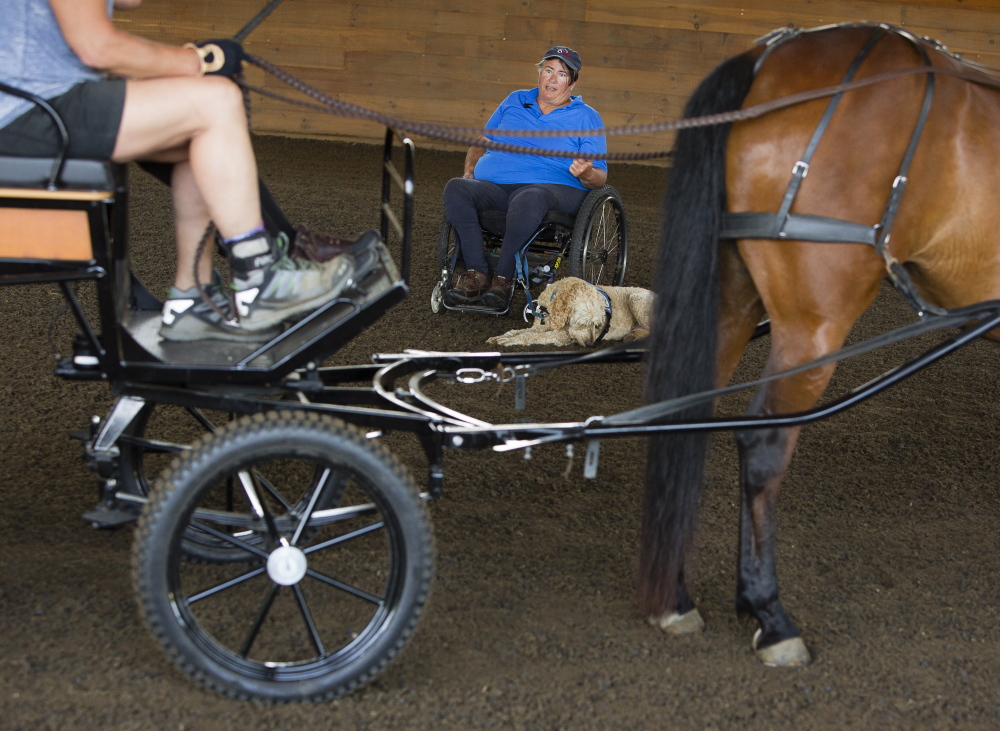 Para-equestrian driving coach Diane Kastamay, of California, coaches during an education and training event at Carlisle Academy.