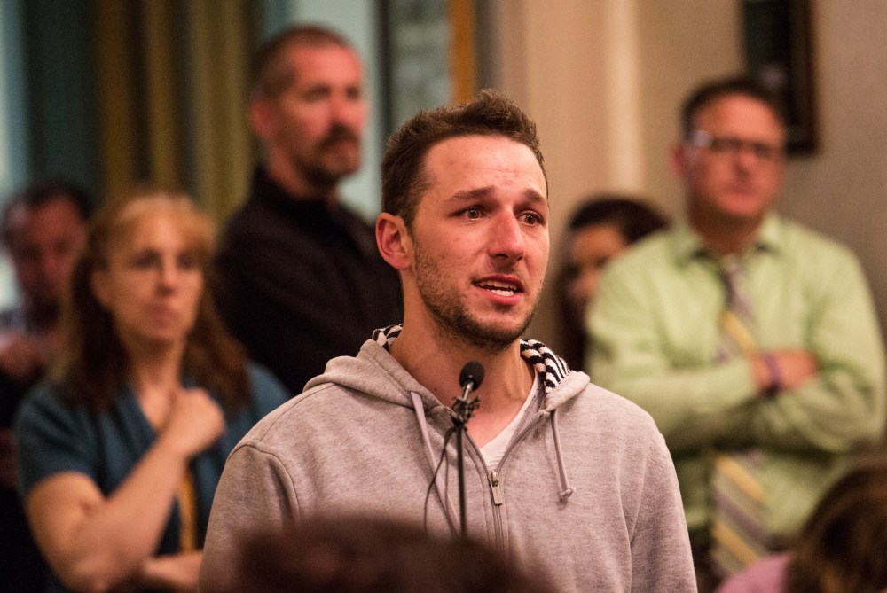  Matthew Mills speaks to the Biddeford City Council during public comment, concerning his experience with abuse as a young child, and his concerns about how the council is treating allegations of sexual abuse and misconduct by members of the Biddeford police at the Biddeford City Council meeting in Biddeford, ME on Tuesday.