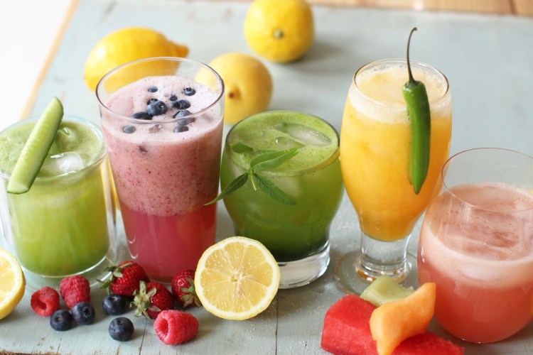 Infused lemonades, from left: cucumber, mixed berry, herb, mango chili and watermelon