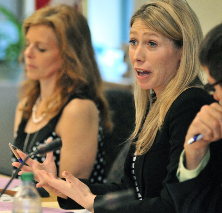 Committee co-chair Erin Herbig, D-Belfast, talks about her amendment to L.D. 297 during a labor committee work session Thursday at the Cross State Office Building in Augusta.