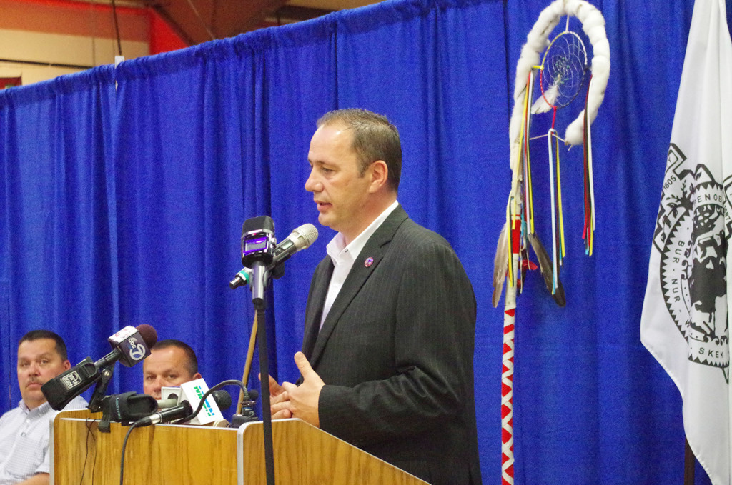 Penobscot chief Kirk Francis speaking at Wends press conference at Indian Island.