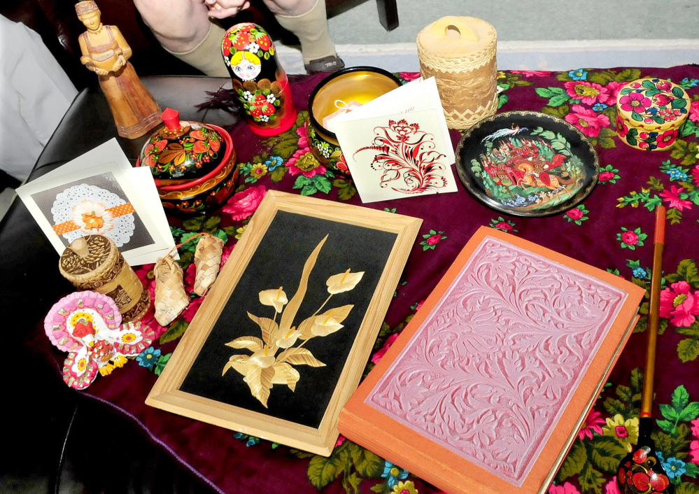 These handmade items were given by Kotlas, Russia, residents to members of the Waterville-Kotlas Sister City Connection. The Russian group plans to visit Waterville this summer.