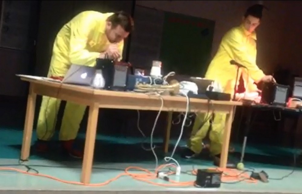 The Rochus Aust/1st German Electrophonic Orchestra plays on Thursday at Moscow Elementary School in the Somerset County town of Moscow. The three-man band is on a 51-stop world tour that began in Moscow, Russia.