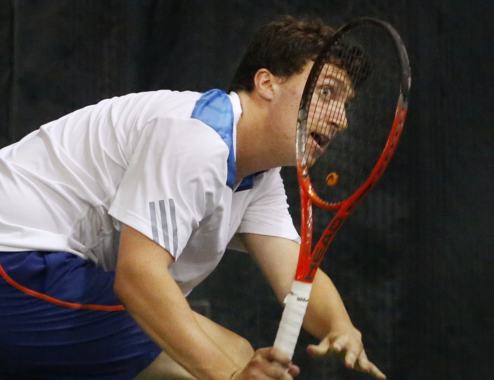 Isaac Salas of Waynflete capped his high school career with a 7-6 (5), 6-3 over Nick Mathieu of Mt. Ararat to win the state singles championship Monday at The Racket & Fitness Center.
Derek Davis/Staff Photographer