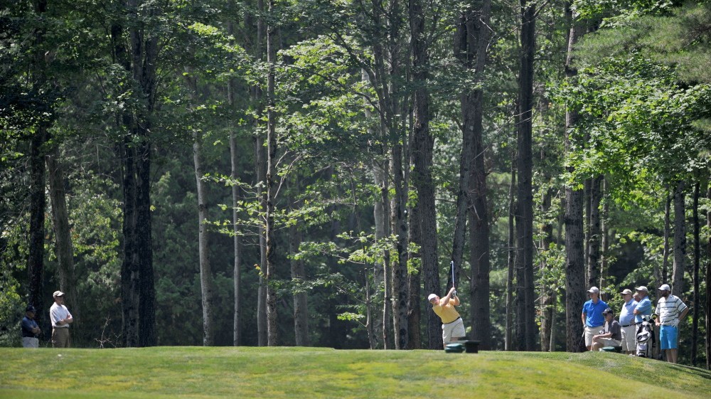 Mark Plummer tees off on the 17th hole in the first round of the Maine Amateur Championship on Tuesday at Waterville Country Club in Oakland.