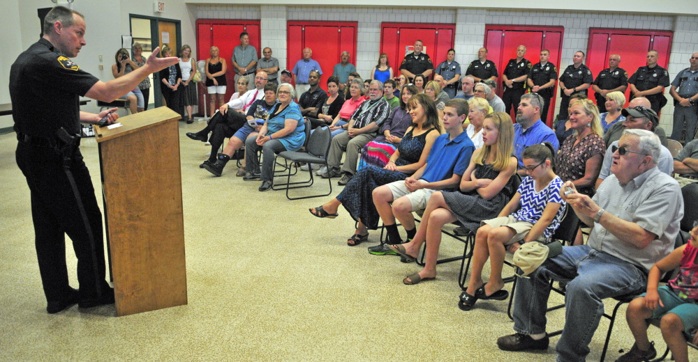 New Winthrop Police Chief Ryan Frost gives a short speech after being sworn in Tuesday at the Winthrop Town Office.