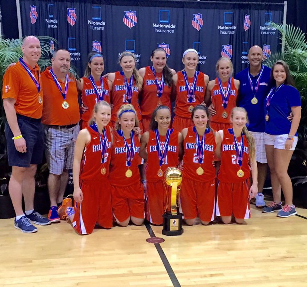 The Maine Firecrackers won the ninth grade Division 2 AAU national championship recently at the ESPN/Wide World of Sports Complex in Orlando, FL. The Firecrackers went 7-0 in the tournament. Top row, from left: Coach Brian Blethen, coach Frank DeWolfe, Eva Mazur, Sophie Glidden, McKenzie Holmes, Sophie Glidden, Ally Turner, head coach Don Briggs, and coach Ashley Briggs. Bottom row, from left: Alex Goodman, Grace Soucy, Emme Poulin and Anna DeWolfe
