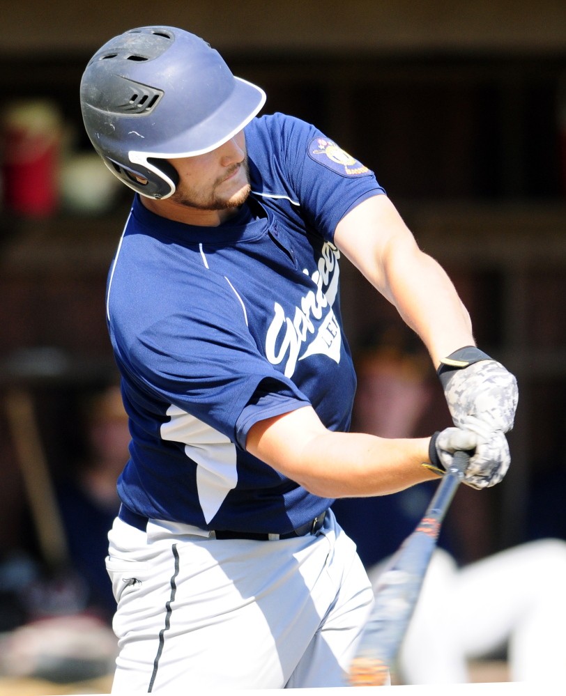 Staff photo by Joe Phelan 
 Gardiner's Alex Curtis hits a two-run double during a Zone 2 American Legion quarterfinal game Tuesday against Augusta at Oak Hill High School in Wales. Augusta won 5-4.