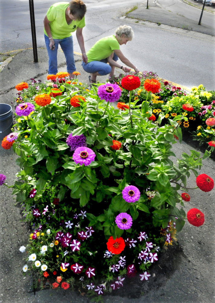 Terry Borman, left, and Sandy Swartz deadhead flowers growing in a traffic island in Oakland on Thursday.