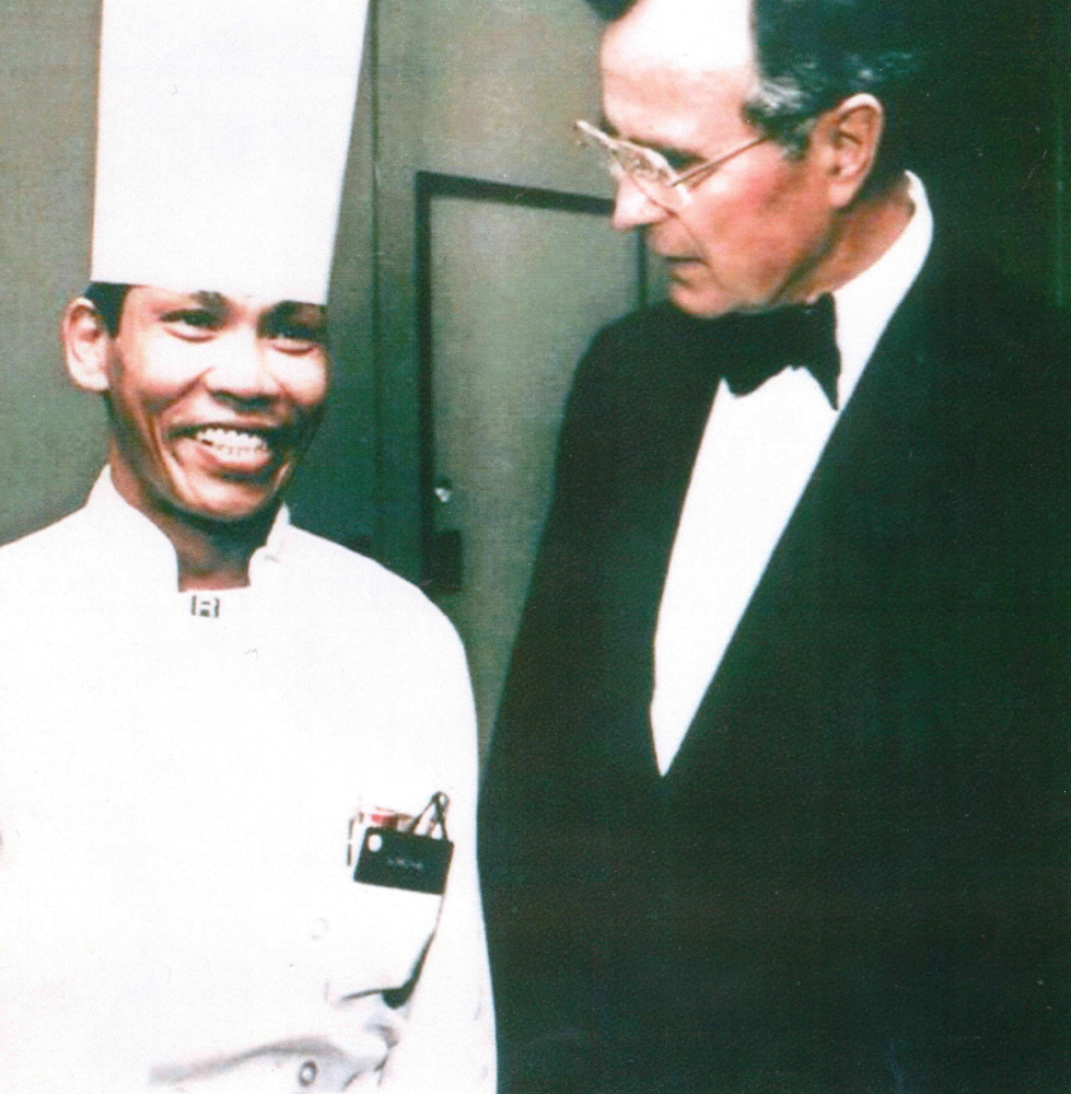 Somcha Sriweawnetr, left, nicknamed “Chef Sam” by George H.W. Bush, remains modest about his exploits in Iran.