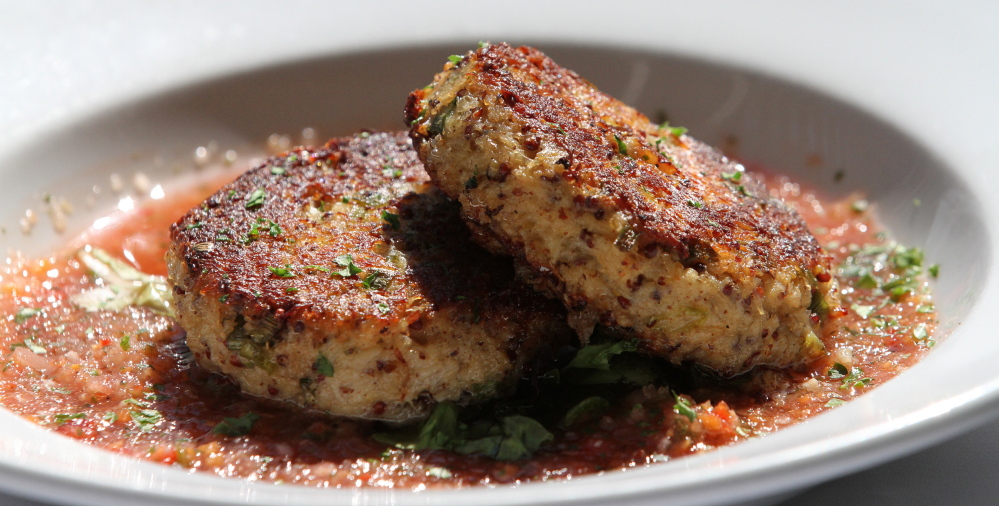 Maine crab cakes with watermelon gazpacho.