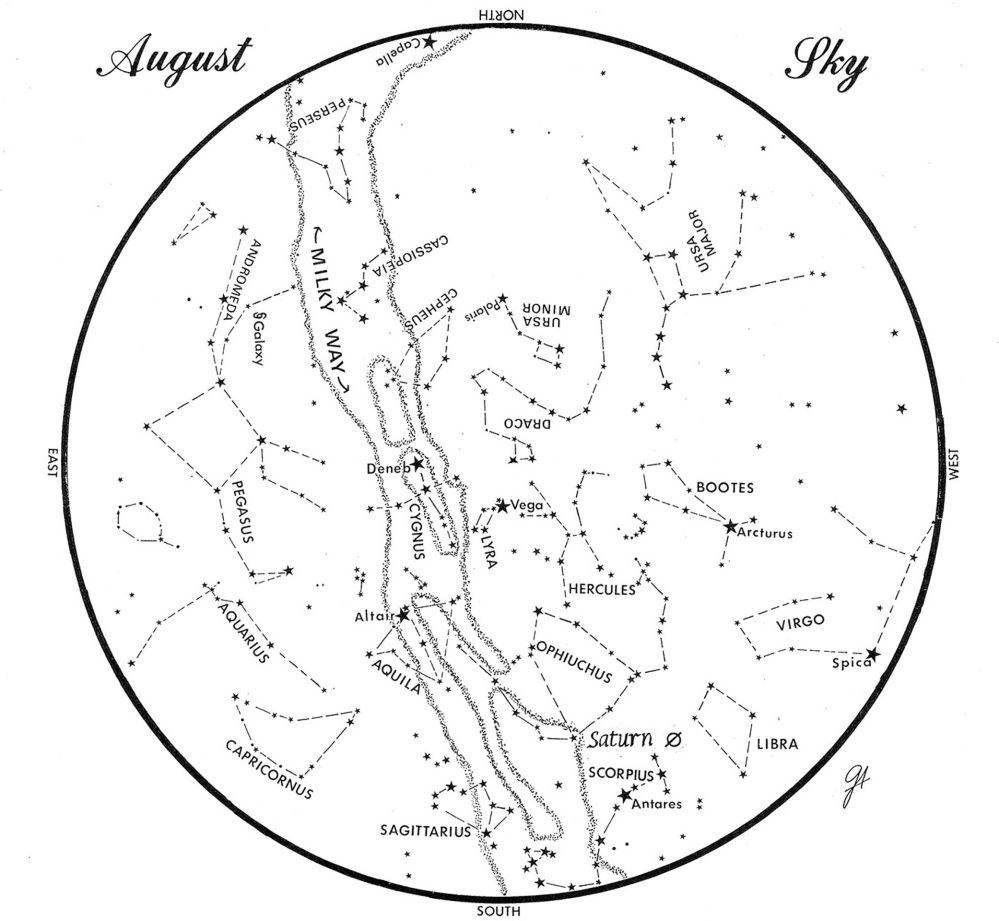 SKY GUIDE: This chart represents the sky as it appears over Maine during August. The stars are shown as they appear at 10:30 p.m. early in the month, at 9:30 p.m. at midmonth and at 8:30 p.m. at month’s end. Saturn is shown in its midmonth position. To use the map, hold it vertically and turn it so the direction you are facing is at the bottom.