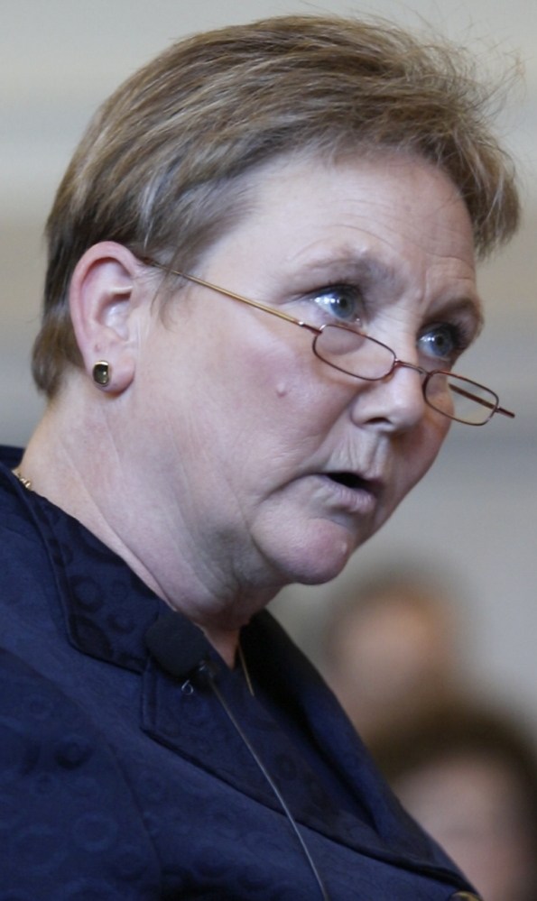 Cynthia Montgomery, attorney for Gov. Paul LePage, speaks before the Maine Supreme Judicial Court on Friday on the issue of LePage's attempt to veto 65 bills after lawmakers said they had become law. 
Joel Page/Staff Photographer
