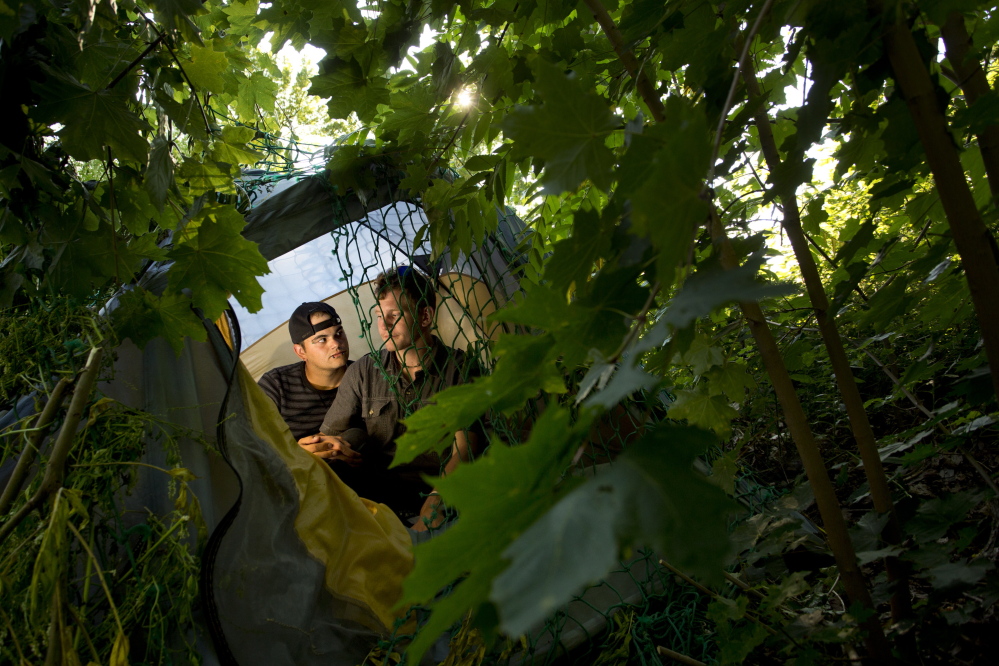 Anthony Crame and his partner, Mickey Kline, live in this tent off Valley Street in Portland, where an increasing number of homeless people have been sleeping outside this summer for lack of options other than noisy, crowded shelters where they don’t feel safe.