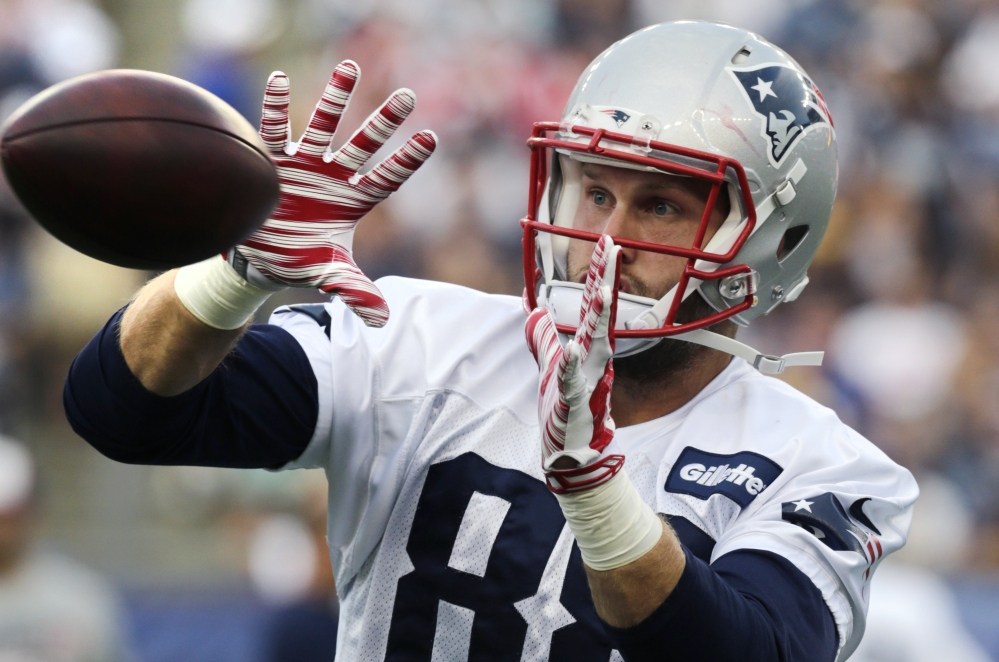 New England Patriots tight end Scott Chandler catches a pass during a recent training camp practice in Foxborough, Mass.