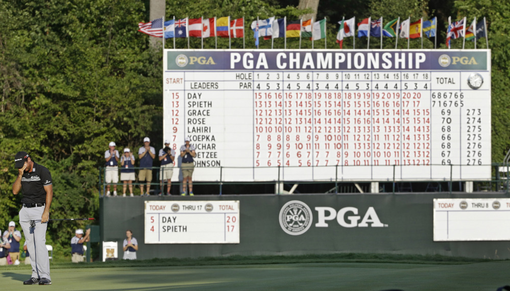 Jason Day cries after winning the PGA Championship on Sunday at Whistling Straits in Haven, Wis.