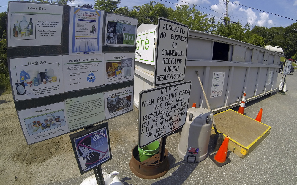 The outside of recycling container is seen Tuesday at the John Charest Public Works Facility in Augusta.