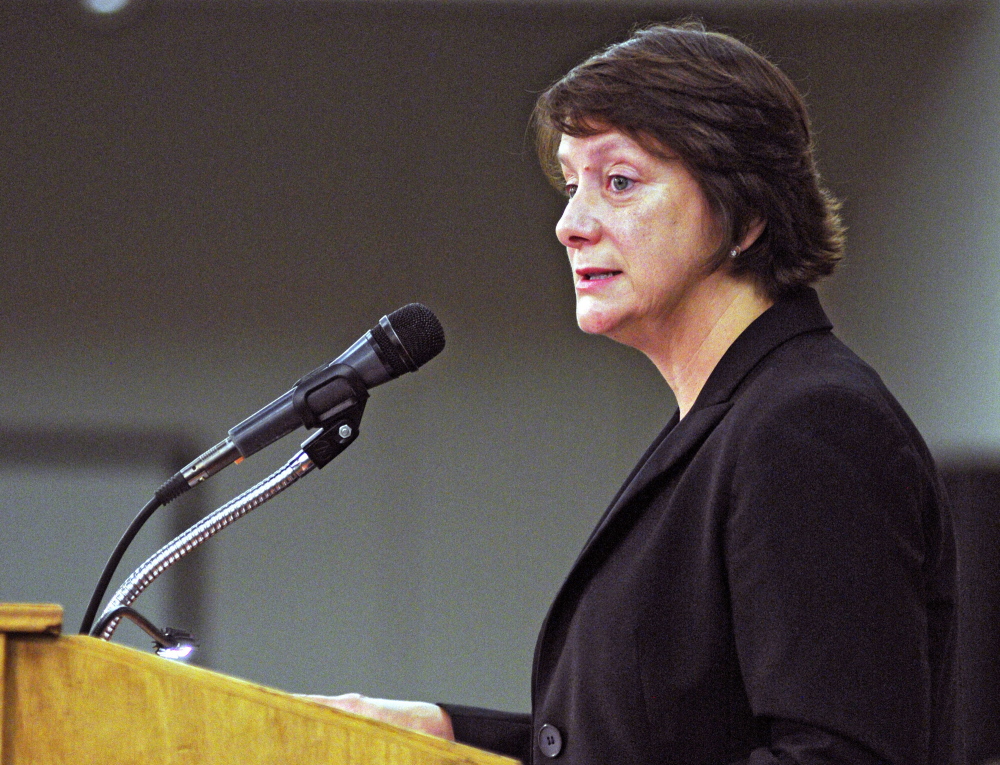 University of Maine at Augusta interim president Rebecca Wyke speaks to staffers on Friday in the Augusta Civic Center.
