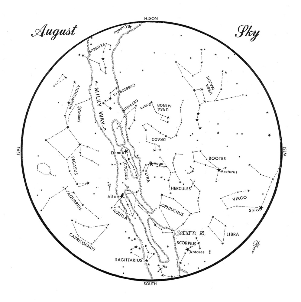 SKY GUIDE: This chart represents the sky as it appers over Maine during August. The stars are shown as they appear at 10:30 p.m. early in the month, at 9:30 p.m. at mid-month and at 8:30 p.m. at month’s end. Saturn is shown in its mid-month position. To use the map hold it vertically and turn it so that the direction you are facing is at the bottom.