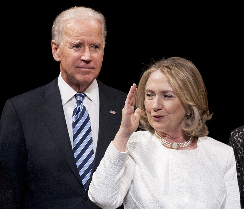 Vice President Joe Biden and former Secretary of State Hillary Rodham Clinton appear onstage at the Kennedy Center for the Performing Arts in Washington in this 2013 photo. Observers wonder whether Clinton's debate performance would make it harder, if not impossible, for Biden to convince donors and other top Democrats now backing Clinton to abandon her and join his campaign? The Associated Press