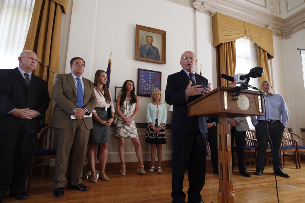 Portland Mayor Michael Brennan speaks at a news conference Wednesday at Portland City Hall addressing the number of recent heroin overdoses.