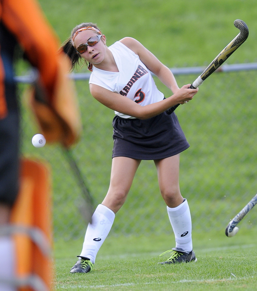 Gardiner Area High School’s Madelin Walker shoots on Oceanside High School’s net during a game Thursday in Gardiner.