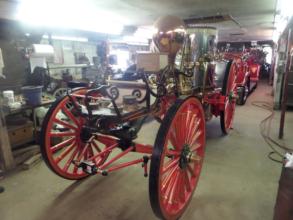 An 1884 Thayer steamer truck, recently found in a Pennsylvania field and being restored in Hope, is shown in March before the boiler dome was put on.