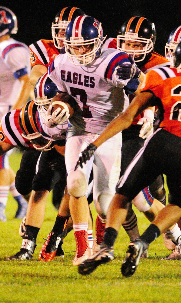 Messalonskee halfback Colby Dexter runs the ball during a Pine Tree Conference Class B game last Friday night against Gardiner at Hoch Field. Dexter and the Eagles will host Cony in a key PTC B game Friday.