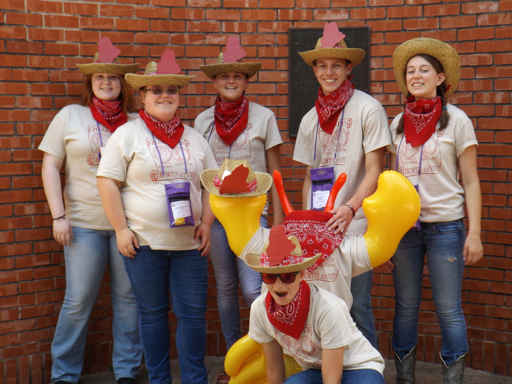 “Old Western Classics” day: Evan Gaudette is in front. In back, from left, are Sarah Truman, Teresa Easterbrooks, Siana Emery, Connor Kreider and Natalie Hodgman.