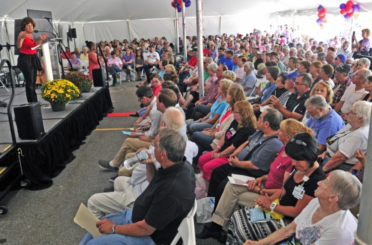 Debbie Bowden, administrative director for oncology at the Harold Alfond Center for Cancer Care, speaks on Saturday at the Cancer Surviviors Day celebration at the center in Augusta.