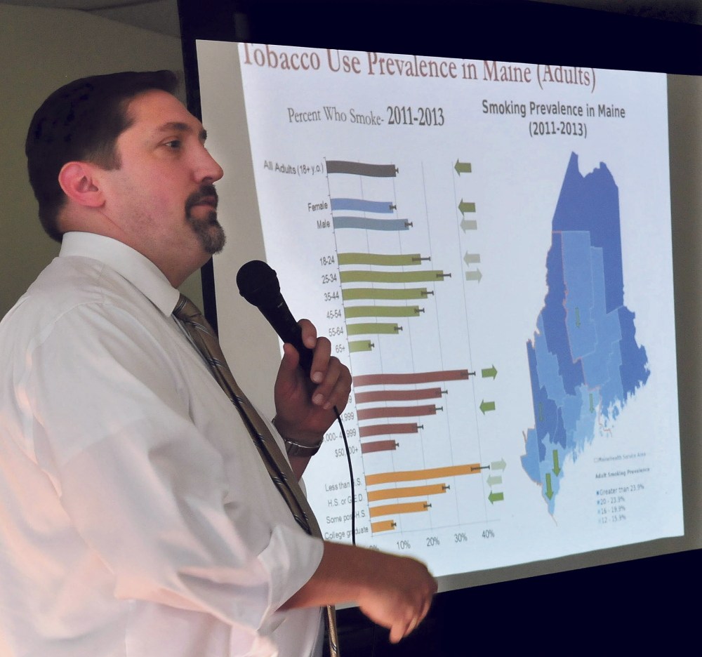 Tim Cowan speaks to health, school and law enforcement officials about the use of tobacco by adults and teens in Somerset County in Skowhegan on Monday.