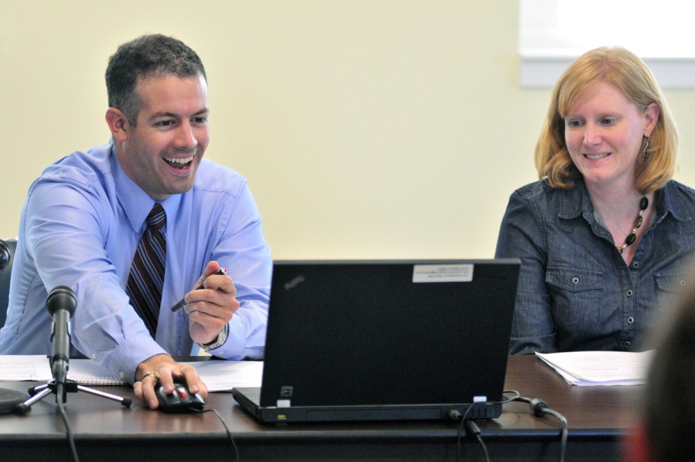 Director of the Office Policy and Management Jonathan LaBonte, left, and Land For Maine’s Future Director Sarah Demers are seen Tuesday during a meeting of the Land For Maine’s Future board in Augusta. There were four public members there but the board didn’t have a quorum because none of the three commissioners attended.