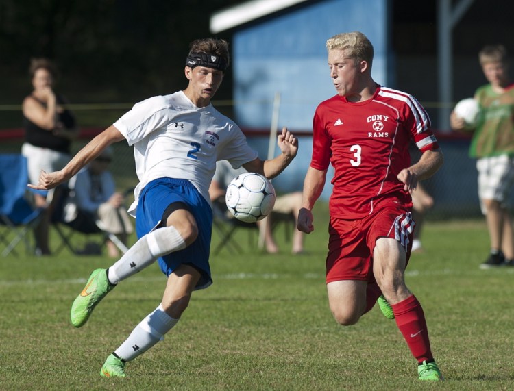 Kevin Bennett photo 
 Messalonskee's Tanner Burton, left, and Cony's Connor Perry vie for control of the ball during the first half of a Kennebec Valley Athletic Conference Class A game Friday afternoon. The Eagles won 3-1.