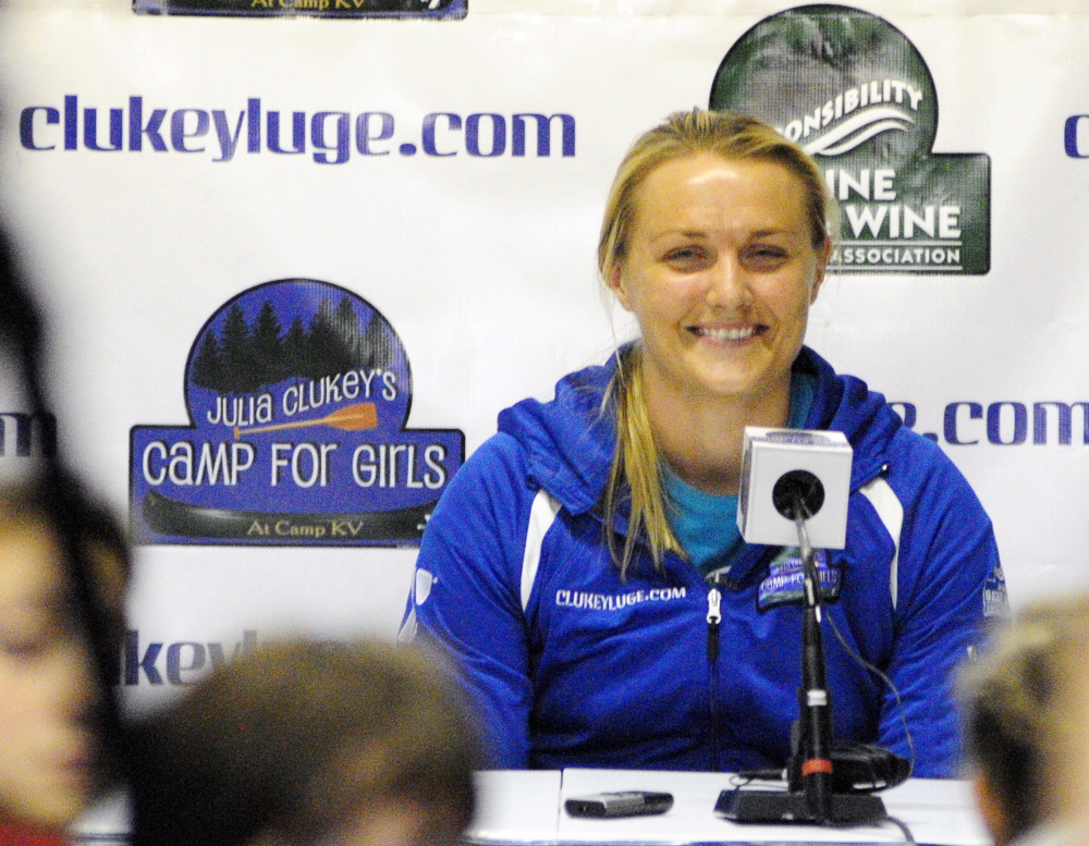 Staff photo by Joe Phelan 
 Julia Clukey announces that she'll compete for at least one more year on the World Cup luge circuit at news conference last June 24 in Readfield. Clukey won her record eighth USA Luge title on Friday night in Lake Placid, N.Y.